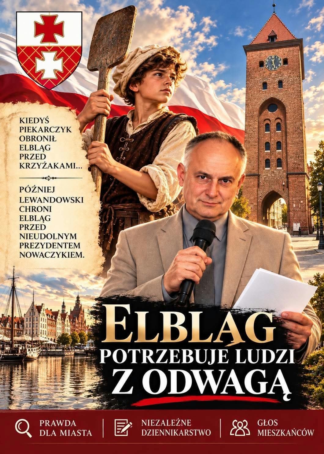 Mariusz Lewandowski przed Bramą Targową w Elblągu